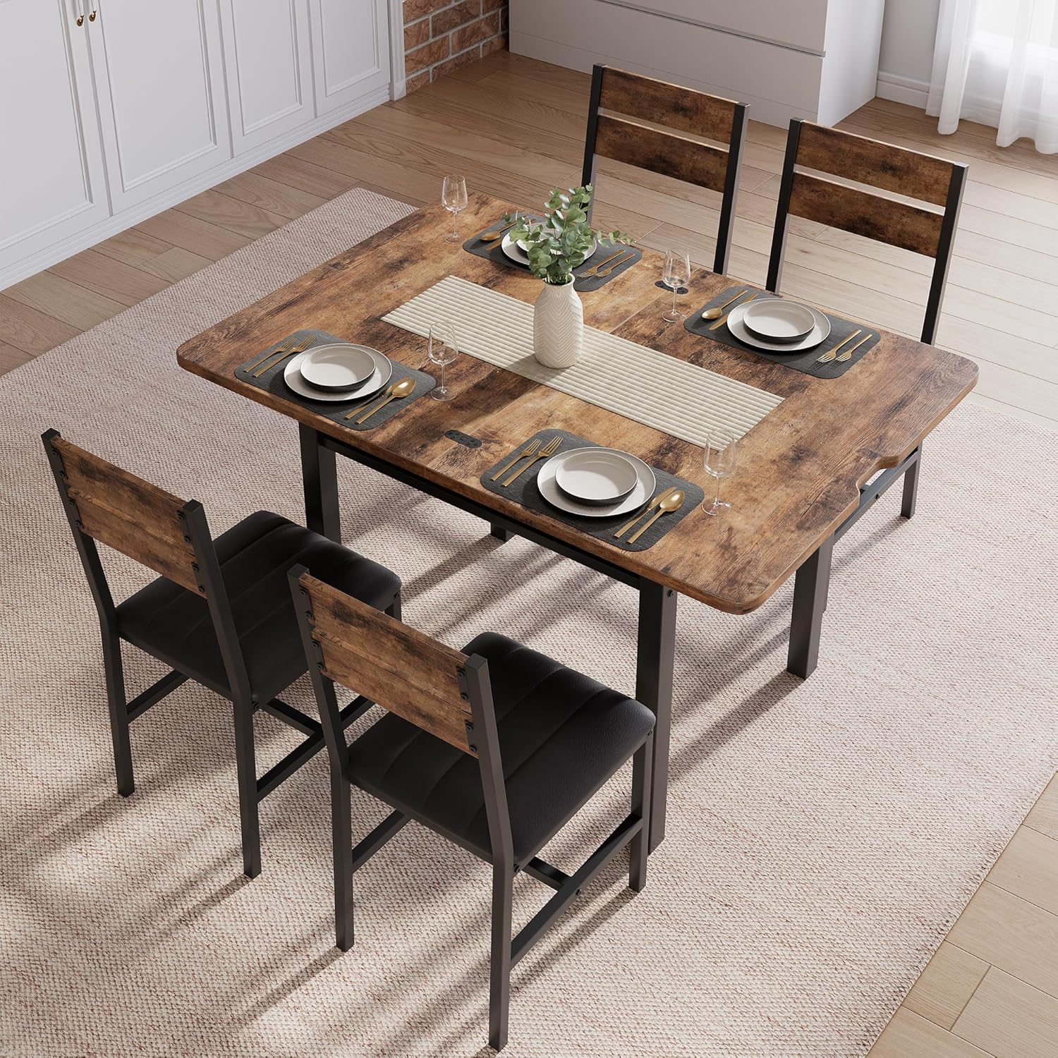 MapleGrace Dining Table Set for 4, Extendable Kitchen Table with 4 PU Leather Upholstered Dining Room Chairs, Wood Kitchen Table Set with Built-in Storage Rack for Dining & Small Spaces, Rustic Brown