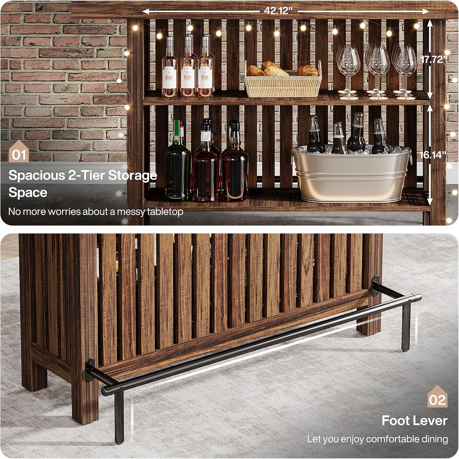 Tribesigns Large 2-Tier Bar Table, 63-Inch Mini Pub Table with Footrest, Rectangular Modern Coffee Bar Cabinet Counter Height Table for Home Kitchen, Bistro, Dining Room, Living Room, Rustic Brown