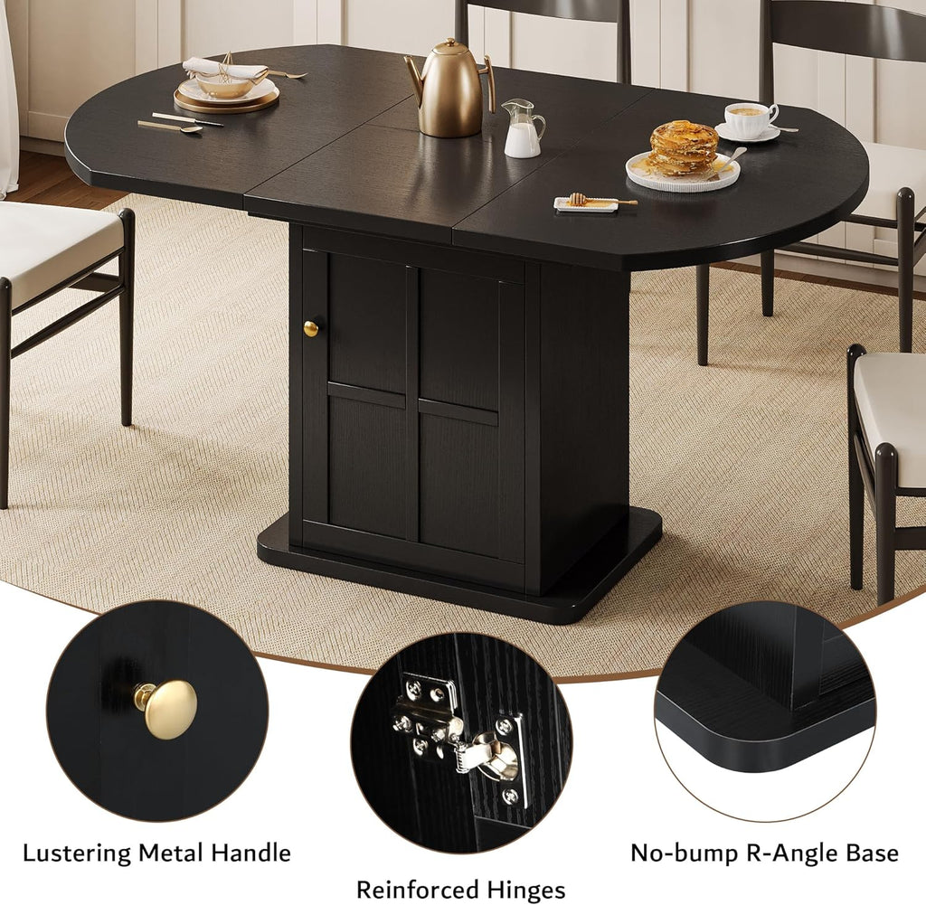 iPormis Round Dining Table for 4-6, 59'' Extendable Dining Room Kitchen Table with 2-Tier Storage Shelf, Wood Dinner Table with Door, Sturdy Pedestal Base, Space Saving, Kitchen, Dining, Black