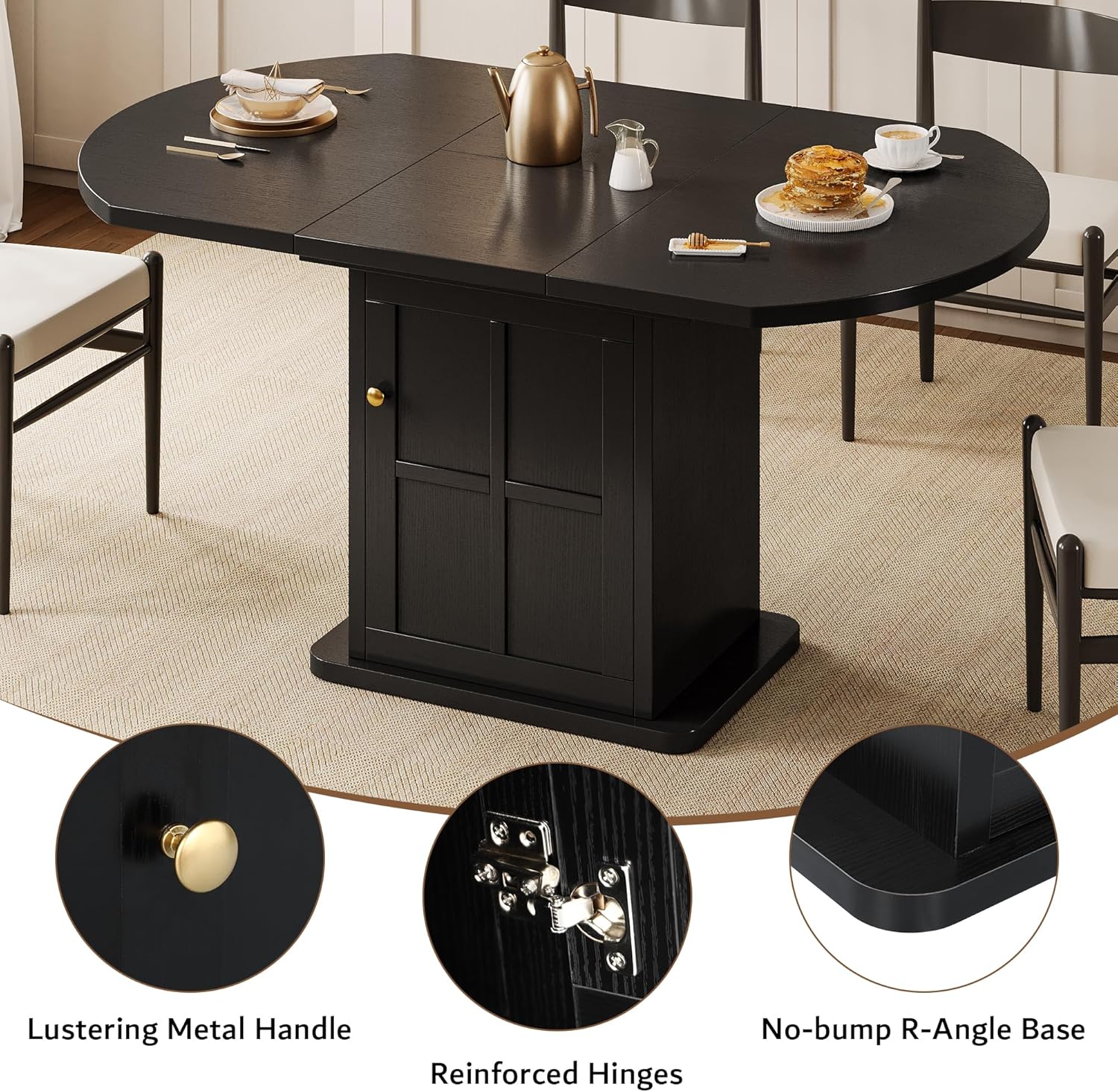 iPormis Round Dining Table for 4-6, 59'' Extendable Dining Room Kitchen Table with 2-Tier Storage Shelf, Wood Dinner Table with Door, Sturdy Pedestal Base, Space Saving, Kitchen, Dining, Black