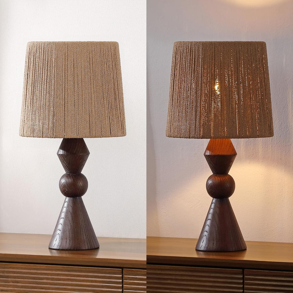 JONATHAN Y 23.5' Dark Brown Wood Finish Rustic Table Lamp for Living Room Bedroom with Brown Paper Rope Shade, Modern Farmhouse Resin Nightstand Lamp, LED Bulb Included (JYL9202B)