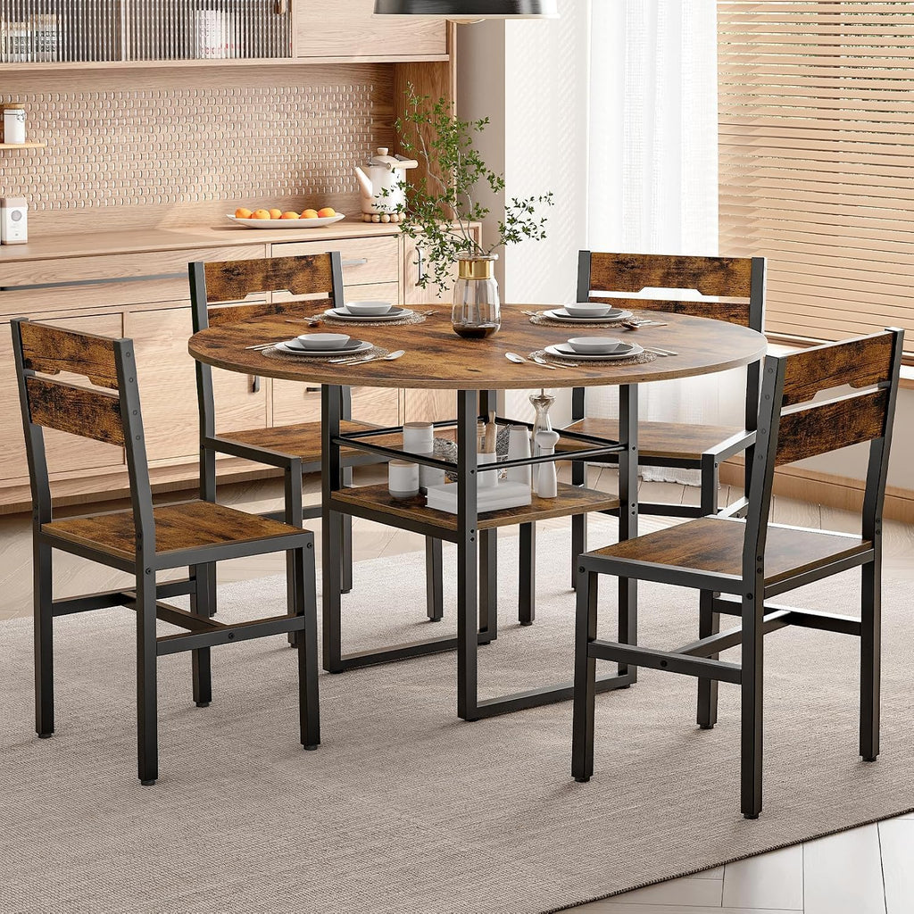 RALGEND Round Dining Table Set for 4, 5-Piece Kitchen Table and Chairs with Storage Shelf, Circle Dinner Table Set with Wooden Tabletop & Metal Legs, for Kitchen & Dining Room, Rustic Brown and Black