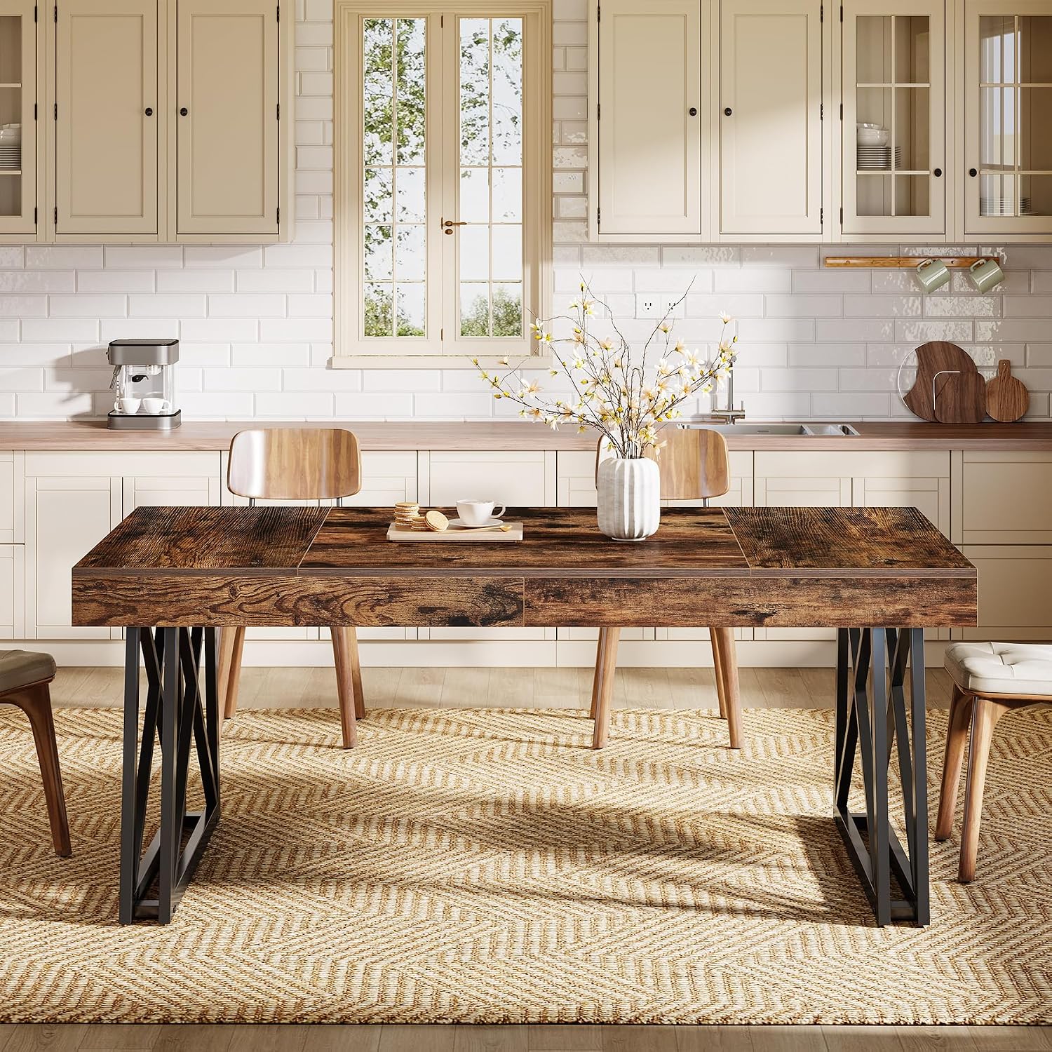 Tribesigns 63-Inch Dining Table for 4-6, Farmhouse Kitchen Table with Sturdy Metal Legs, Rectangular Dinner Furniture for Home, Living Room, Vintage Brown and Black