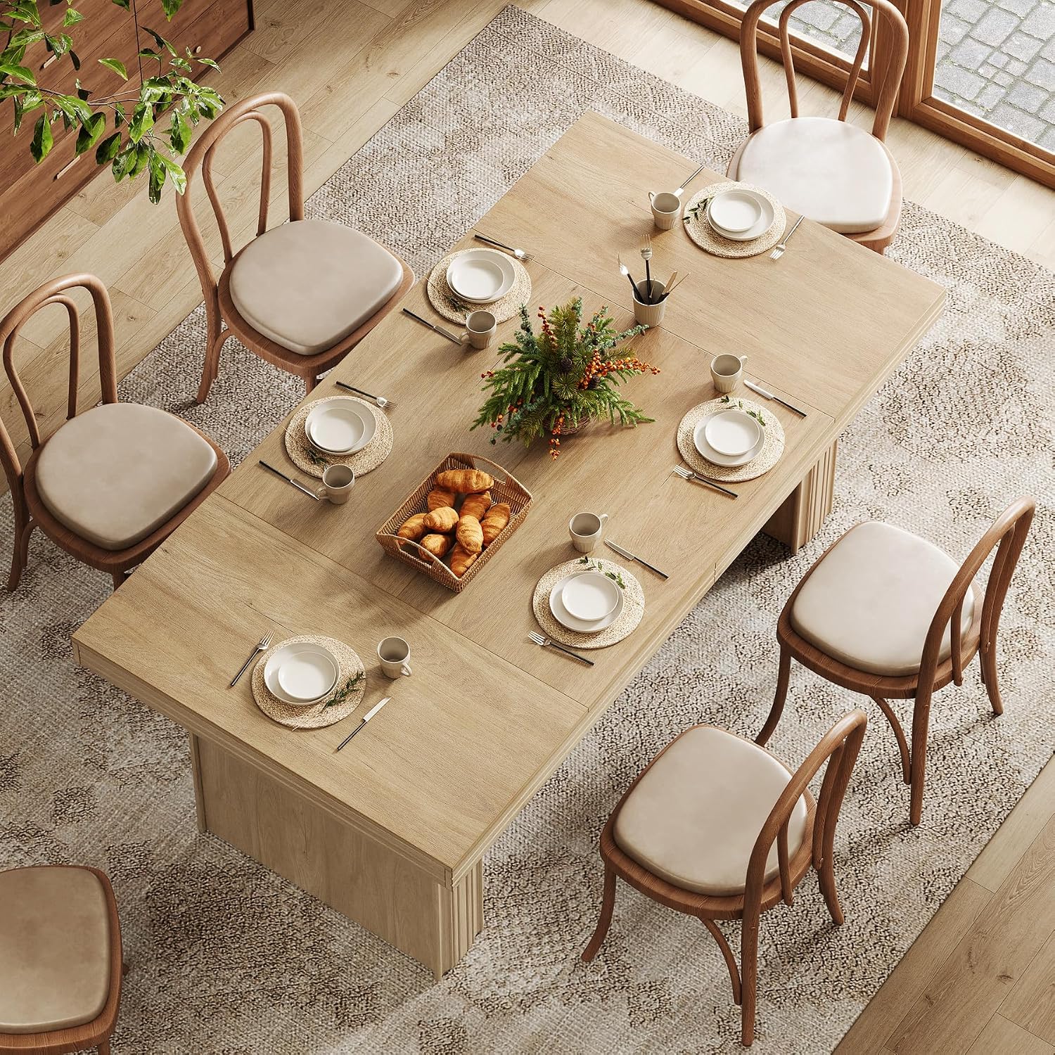 Tribesigns 63 Inches Farmhouse Dining Table for 6, Modern Kitchen Table with Fluted Line for Dining Room, Living Room, Natural