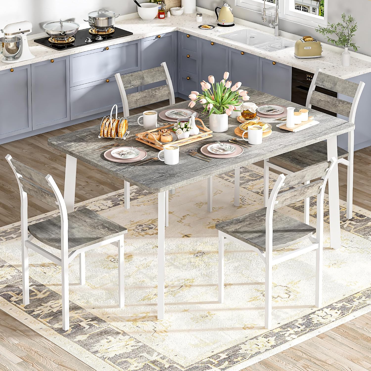 DKLGG Dining Room Table Set for 4 Farmhouse 5 Piece Dining Table Set, Small Kitchen Table Set for 4 for Kitchen and Dining, Apartment (Grey)
