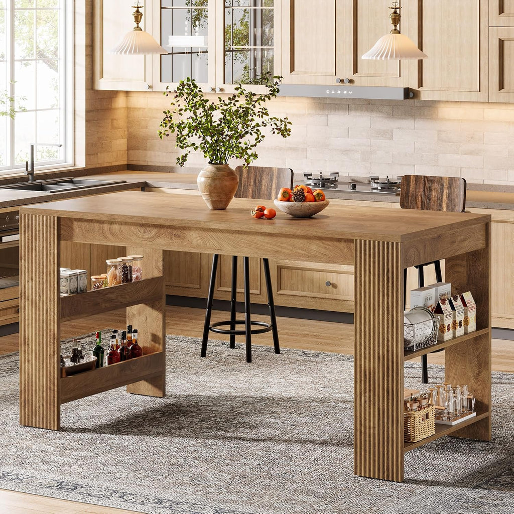Tribesigns 63-Inch Bar Table, Farmhouse Counter Height Pub Table with Storage Shelves, High Top Bar Unit for Kitchen, Dining Room, Bistro, Natural