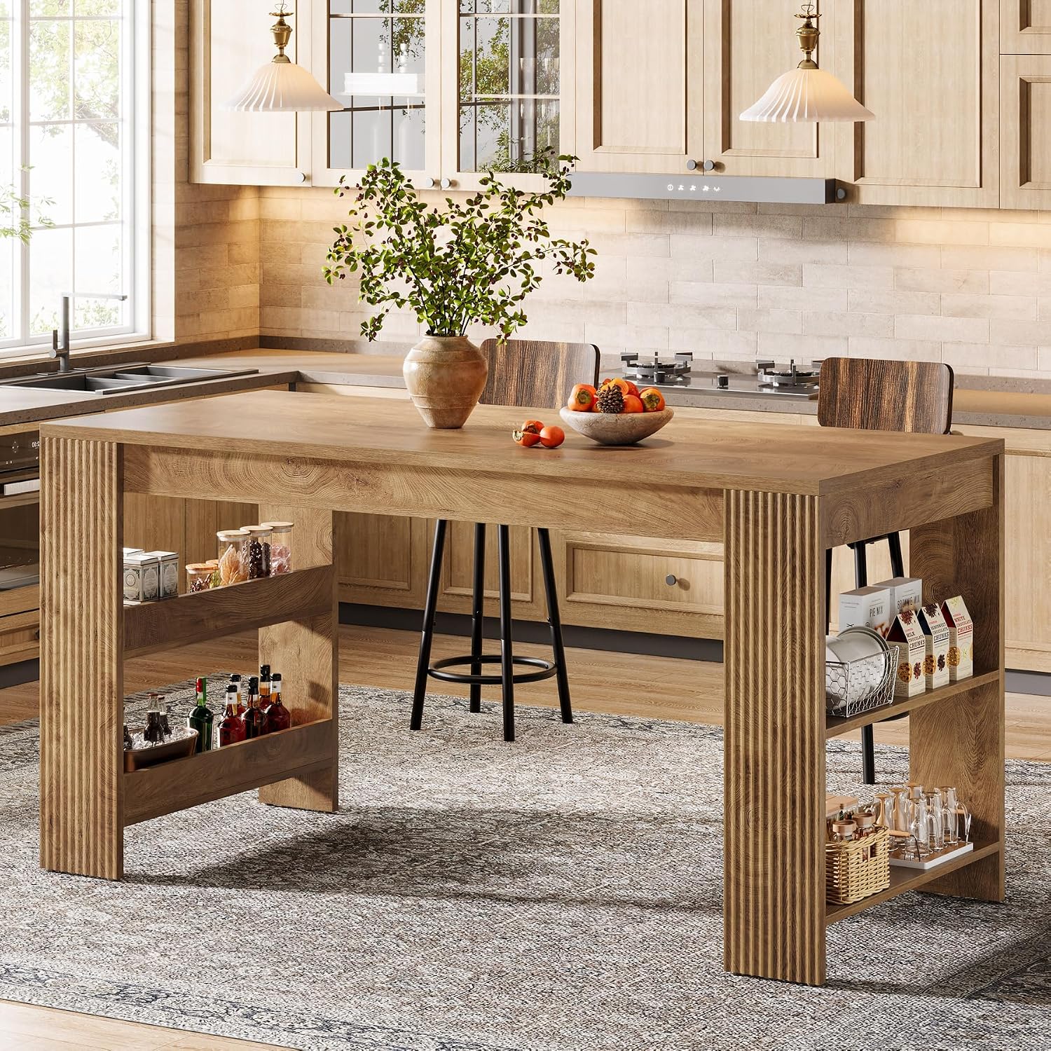 Tribesigns 63-Inch Bar Table, Farmhouse Counter Height Pub Table with Storage Shelves, High Top Bar Unit for Kitchen, Dining Room, Bistro, Natural