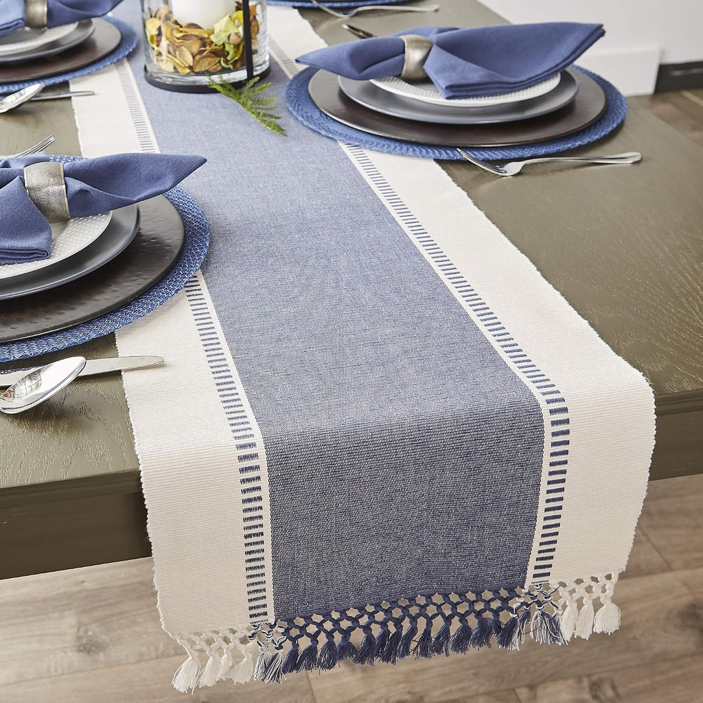 DII Dobby Stripe Woven Table Runner, 13x108 (13x113.5, Fringe Included) French Blue (Pack of 12)