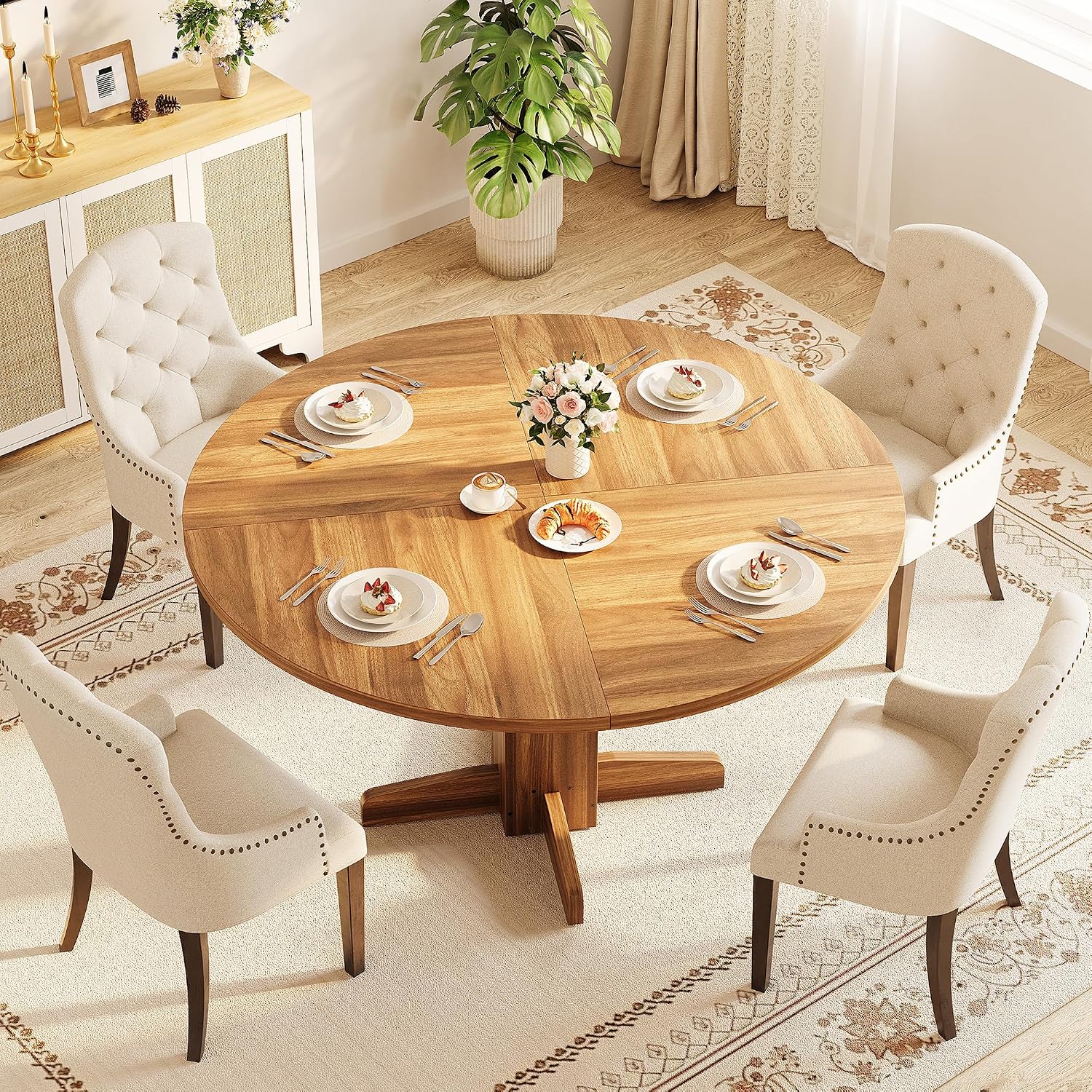 IDEALHOUSE Round Dining Table for 4-6 People, 47' Wood Kitchen Table with Sturdy Pedestal Base, Farmhouse Circle Dinner Tables for Dining Room, Living Room, Apartment, Walnut
