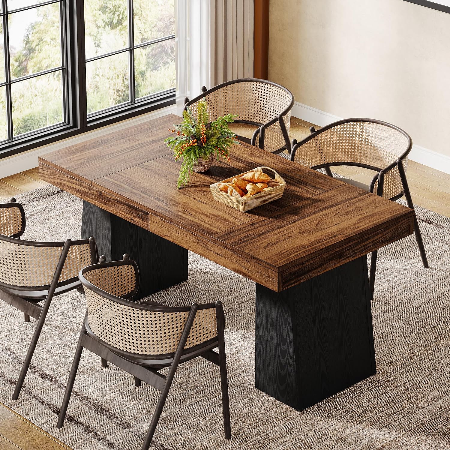 Tribesigns 55-Inch Dining Room Table for 4, Mid-Century Modern Dining Table with Double Pedstral, Rectangular Wood Kitchen Dinner Tables for Dining Room, Kitchen, Home, Black & Brown (Only Table)