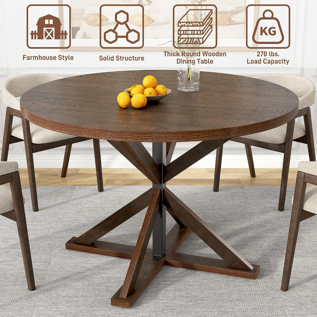 jiteentarou Round Wood Dining Table for Kitchen,Dining Room,Living Room,Farmhouse Dinner Tables W/Thickened Brown Wooden Waterproof Tabletop for 4 People,47 inch Rustic Kitchen Table W/Metal Support