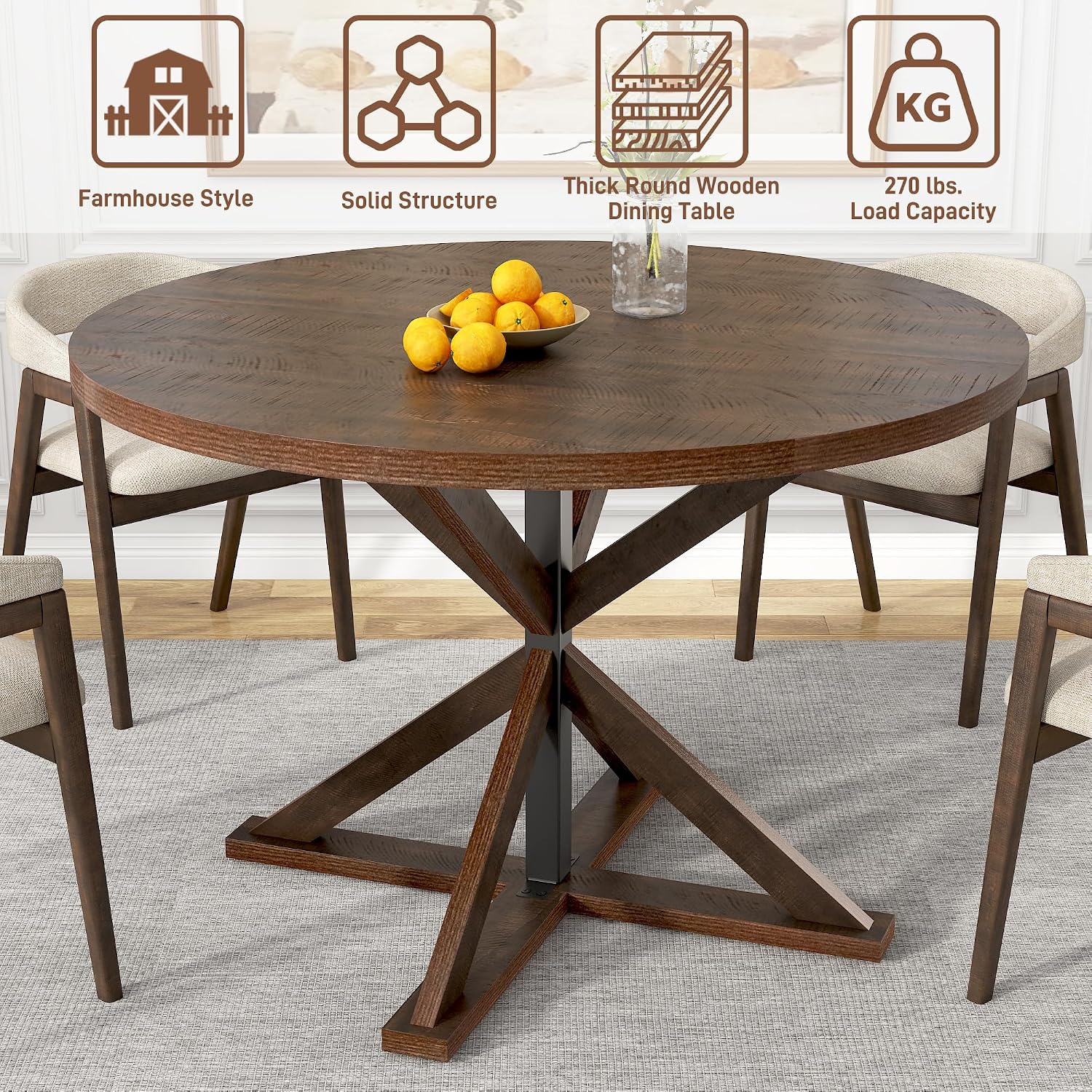 jiteentarou Round Wood Dining Table for Kitchen,Dining Room,Living Room,Farmhouse Dinner Tables W/Thickened Brown Wooden Waterproof Tabletop for 4 People,47 inch Rustic Kitchen Table W/Metal Support