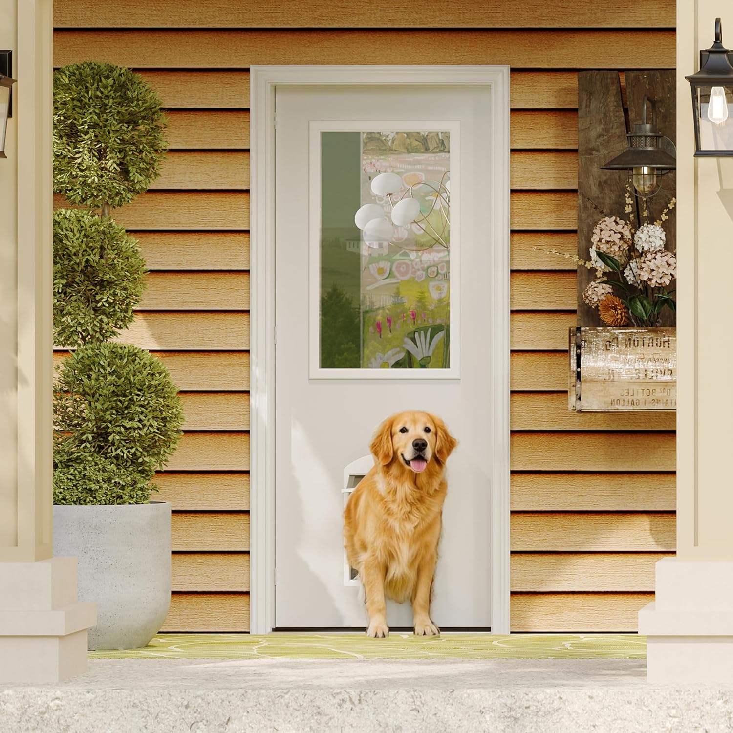 Front Door，32' x 80' 1-Lite Exterior Door with Pet Door, Left-Handed Clear Glass Entry Door, Solid Wood & MDF Construction, Prehung Door Jamb & Threshold Hardware Kit, Waterproof Primer