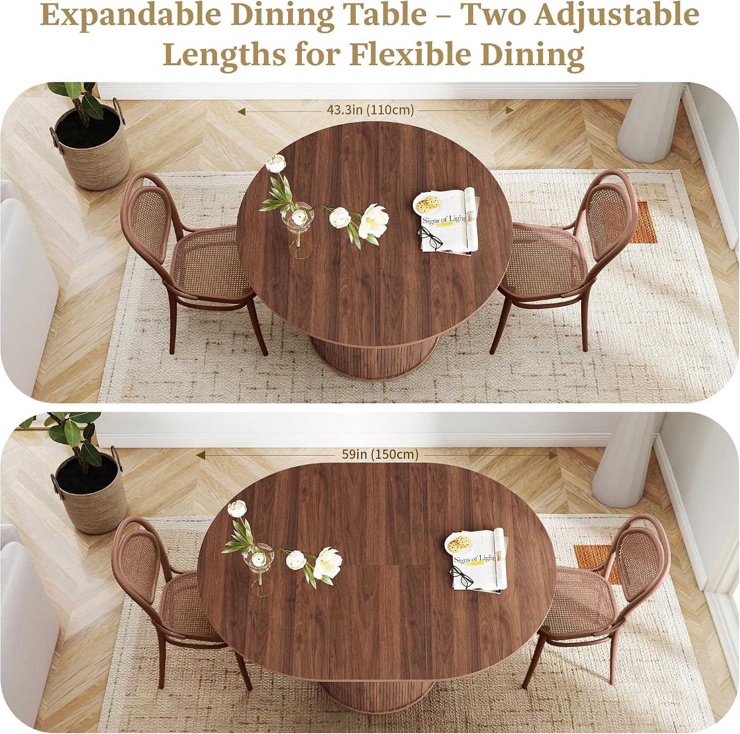 weselon 43'-59' Extendable Round to Oval Dining Table with Hidden Storage, Modern Wooden Kitchen Table with Fluted Sliding Door Cabinet, Expandable Dinner Table for Dining Room Living Room (Walnut)