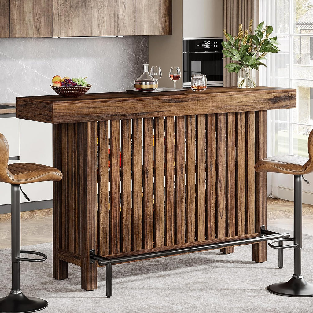Tribesigns Large 2-Tier Bar Table, 63-Inch Mini Pub Table with Footrest, Rectangular Modern Coffee Bar Cabinet Counter Height Table for Home Kitchen, Bistro, Dining Room, Living Room, Rustic Brown