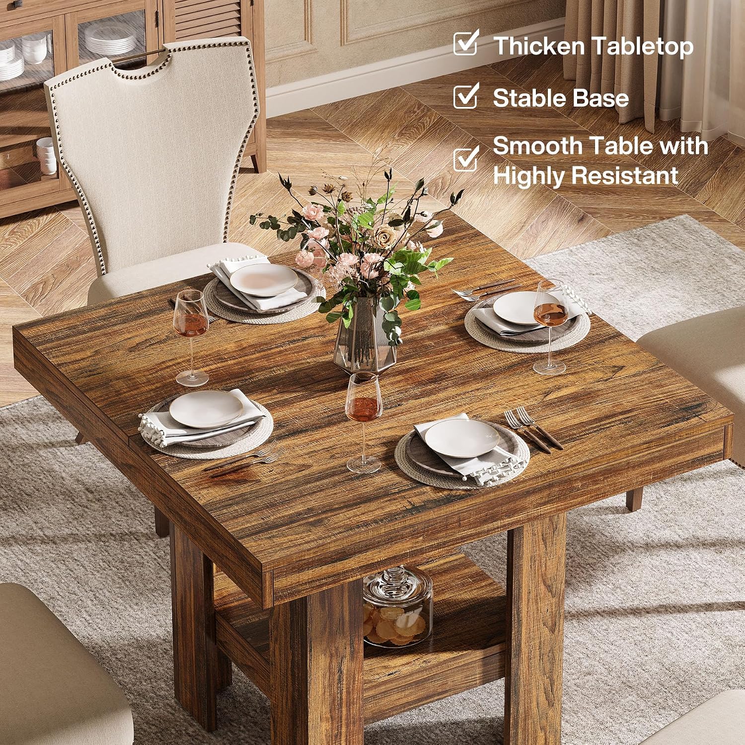 Tribesigns 31.5' Square Dining Table for 4, Small Kitchen Table with Shelf Storage, Compact Dining Room Furniture for Apartments, Offices, Living Rooms, Restaurants, Brown