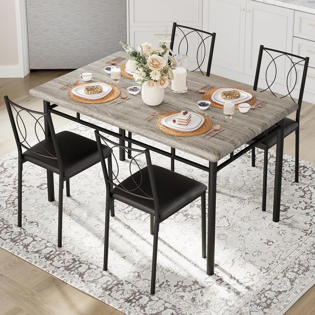 Garvee Dining Table Set for 4, Small Kitchen Table with Upholstered Chairs, Farmhouse Wood Dining Table Chairs for Kitchen Room, Small Spaces, Apartment, Grey