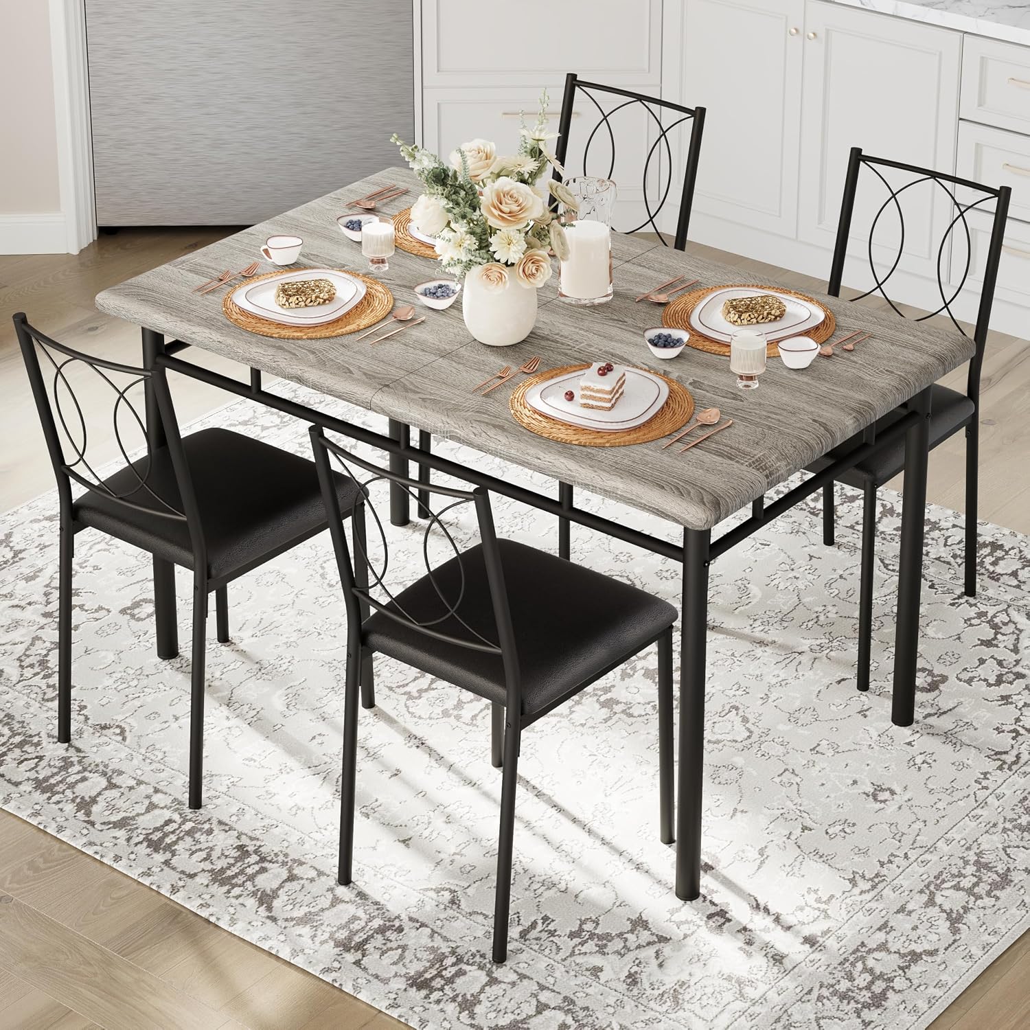 Garvee Dining Table Set for 4, Small Kitchen Table with Upholstered Chairs, Farmhouse Wood Dining Table Chairs for Kitchen Room, Small Spaces, Apartment, Grey
