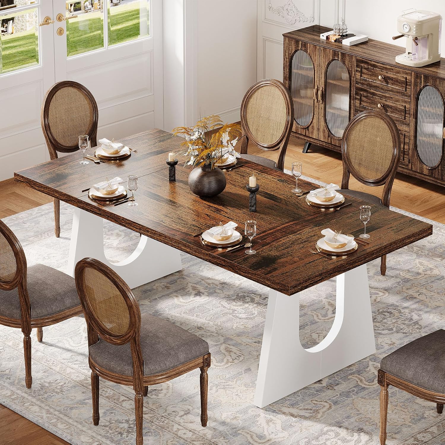 Tribesigns Large Dining Table for 6-8 People, 70.9' Wood Rustic Rectangular Table with White Wooden Legs, Farmhouse Center Kitchen Table for Dining Room, Living Room, Home Furniture (Brown & White)