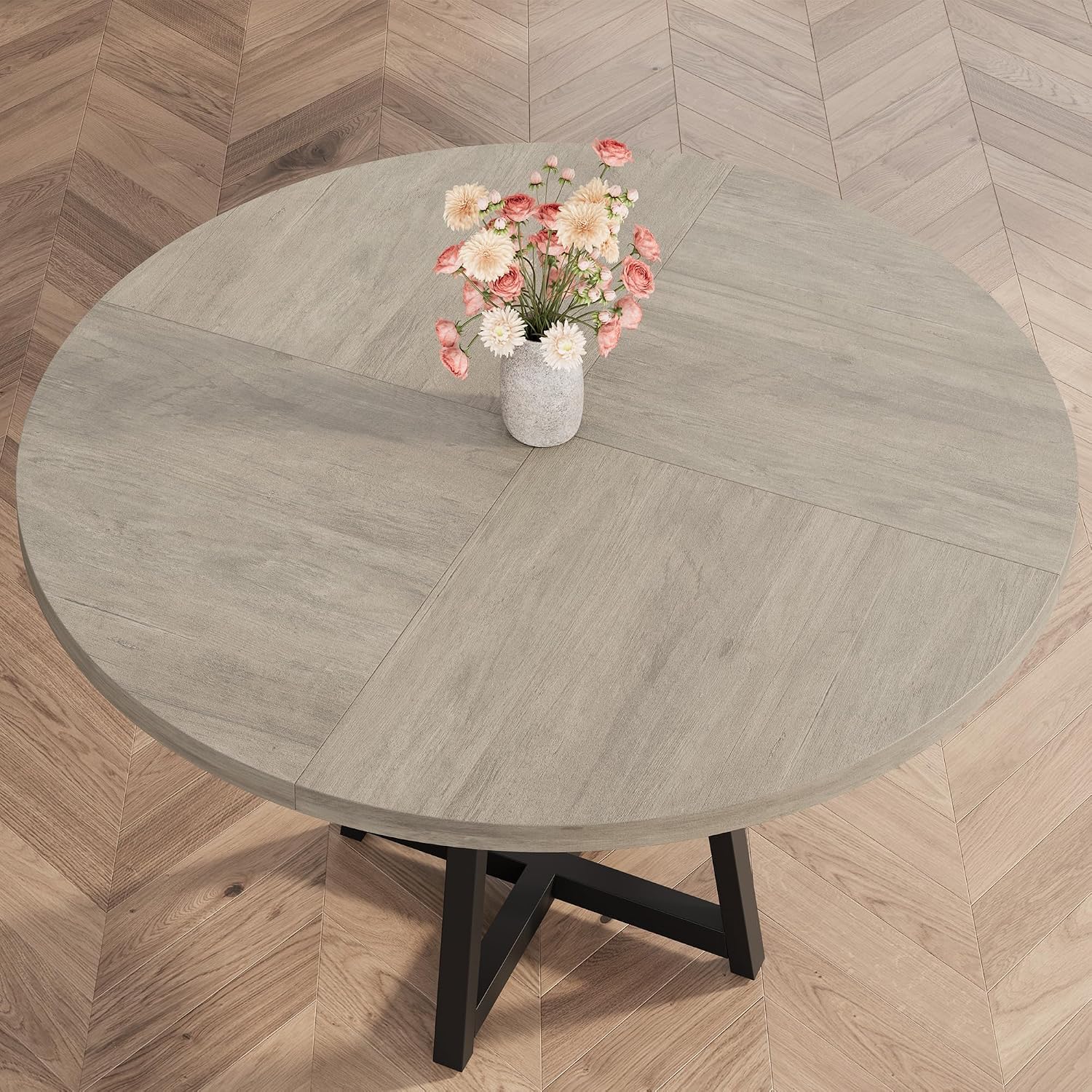 Garvee 47.2 in Round Dining Table for 4-6 People, Industrial Round Kitchen Table with Sturdy Metal Pedestal Base & Storage Shelf, Circle 4 Dinner Table for Dinner, Kitchen, Dining Room