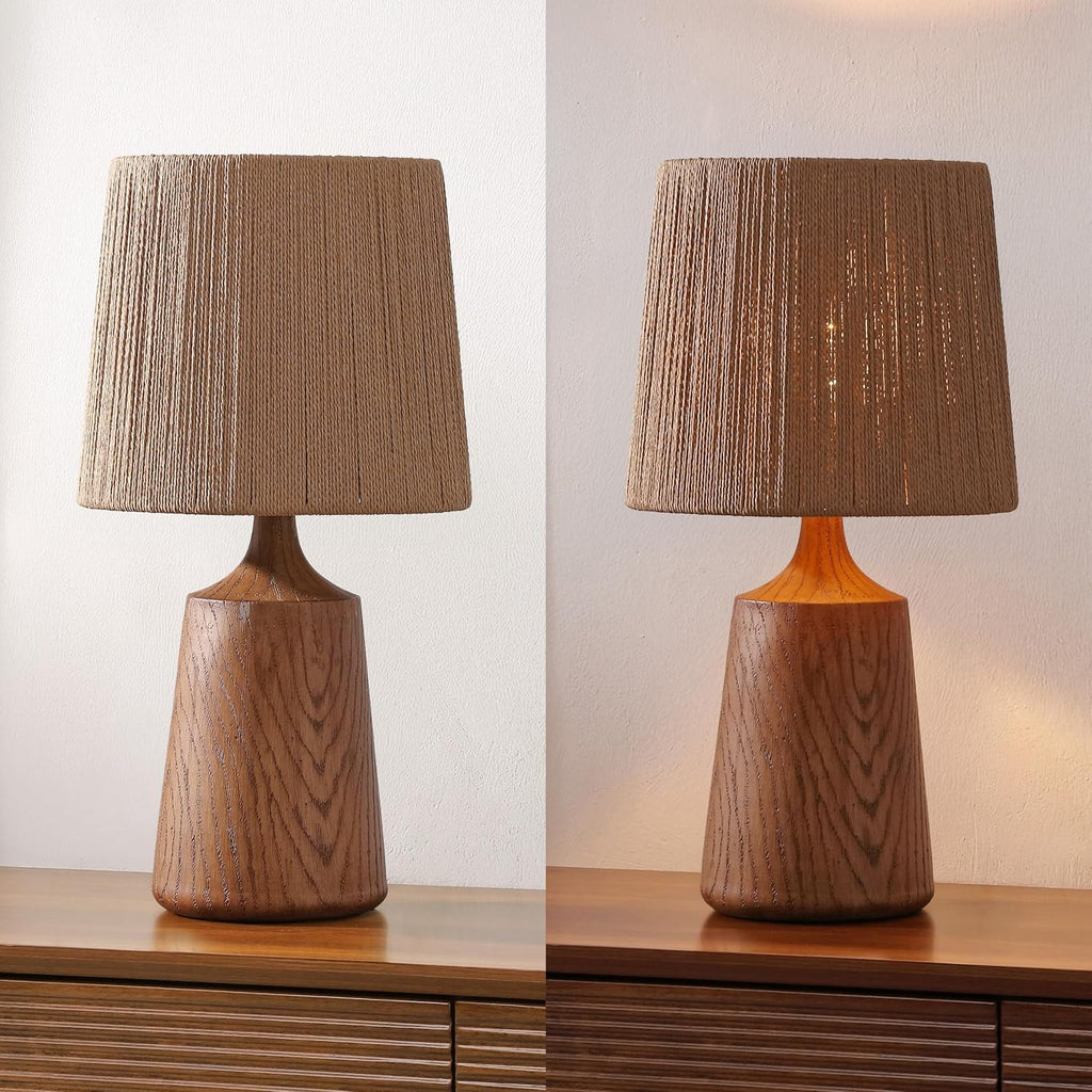 JONATHAN Y 22.25' Brown Wood Finish Classic Cottage Table Lamp for Bedroom, Tapered Resin Body with Brown Paper Rope Shade, LED Bulb Included JYL9201A