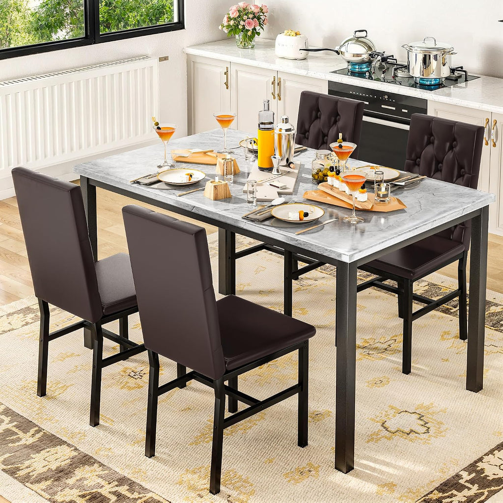 Hooseng Dining Table Set for 4, Faux Marble Small Kitchen Table Chairs Set of 4 with Luxurious Button Tufted Dinner Chairs for Kitchen and Dining(Brown)