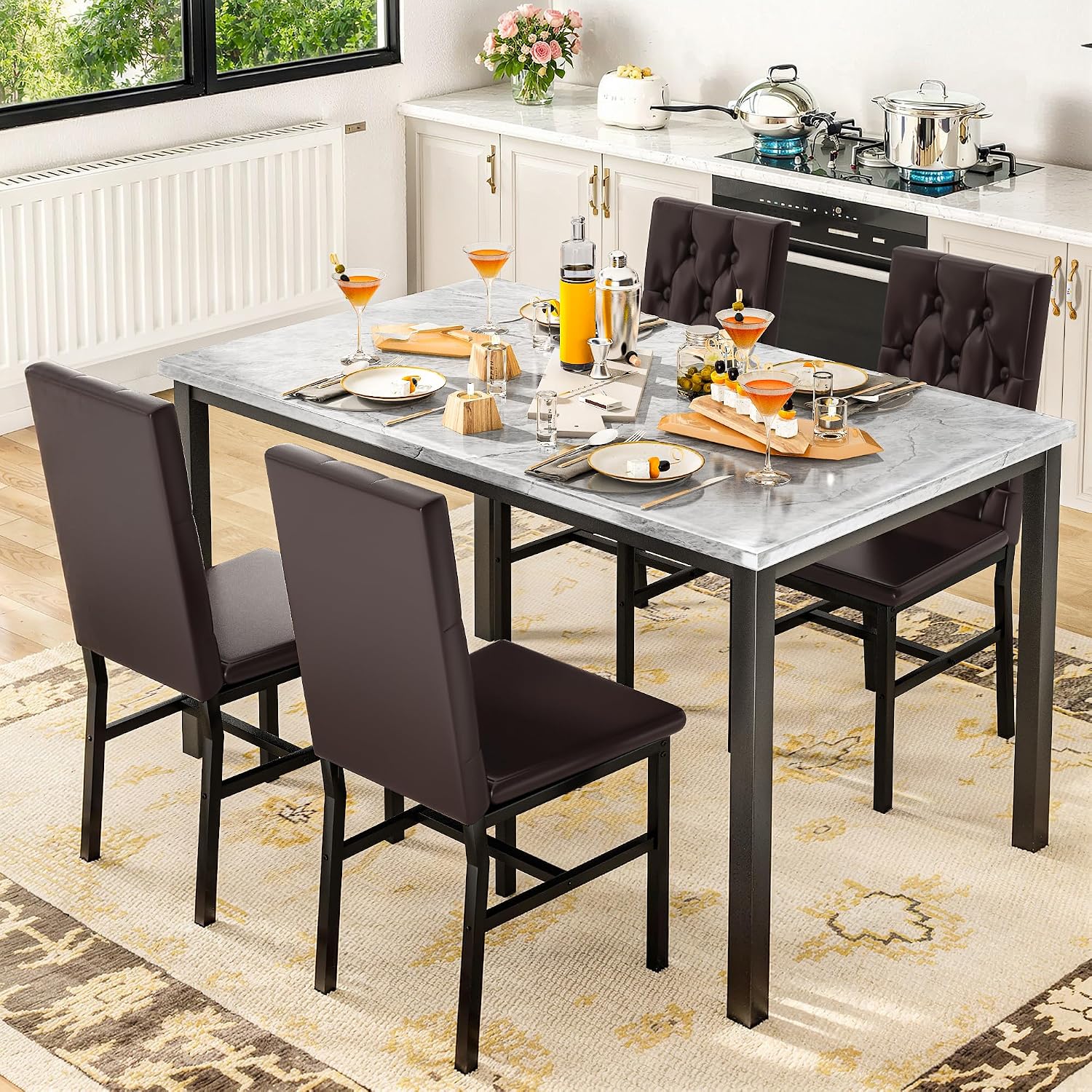 Hooseng Dining Table Set for 4, Faux Marble Small Kitchen Table Chairs Set of 4 with Luxurious Button Tufted Dinner Chairs for Kitchen and Dining(Brown)