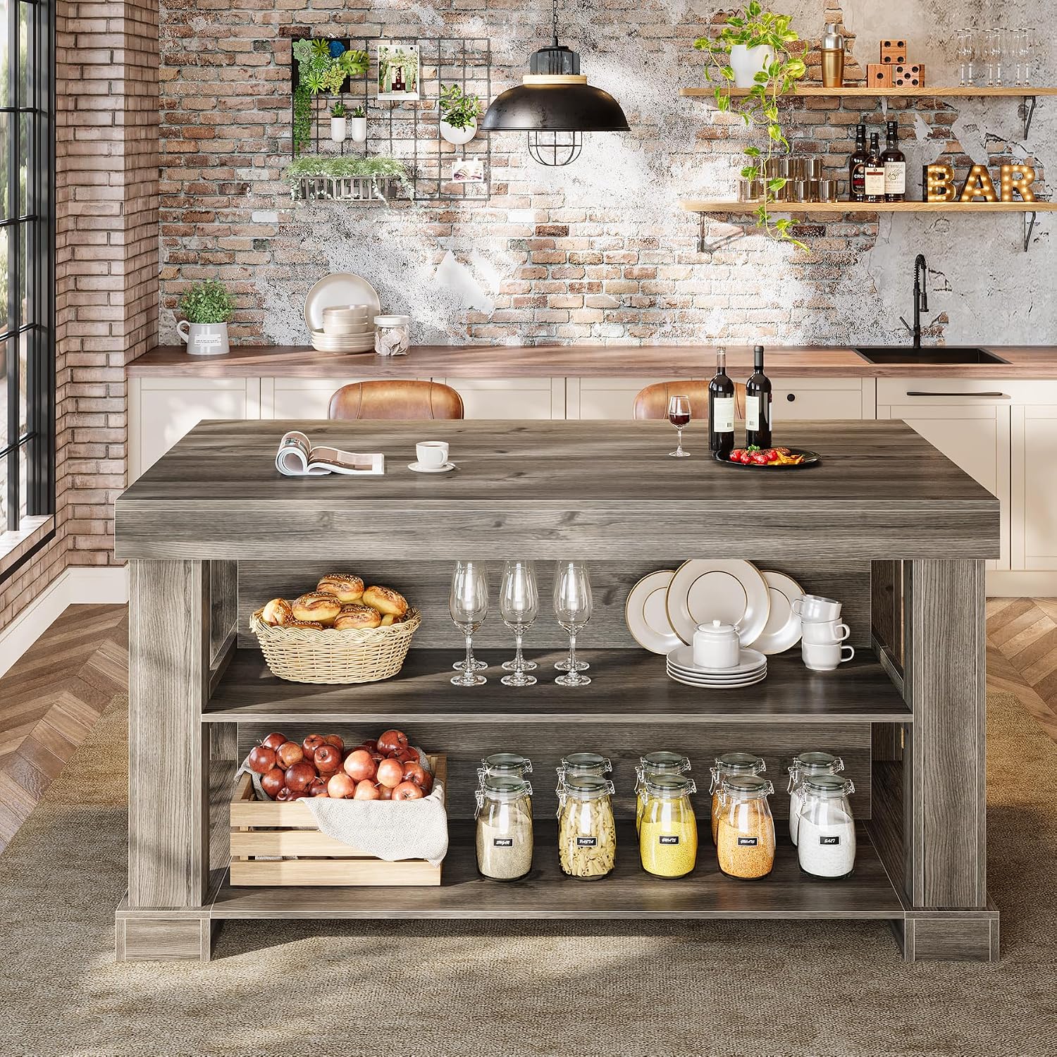 Tribesigns Bar Table, 55-Inch Counter Height Pub Table with Storage Shelves, High Top Kitchen Dining Table, Rectangle Wood Home Bar Unit for Dining Room, Bistro, Grey