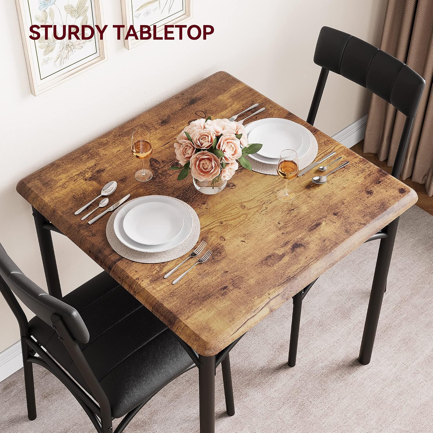 GarveeHome Dining Table Set for 2, Kitchen Table with 2 Upholstered Chairs, Wood Square Dining Table and Chairs Set for Small Space, Apartment, Dinner, Rustic Brown