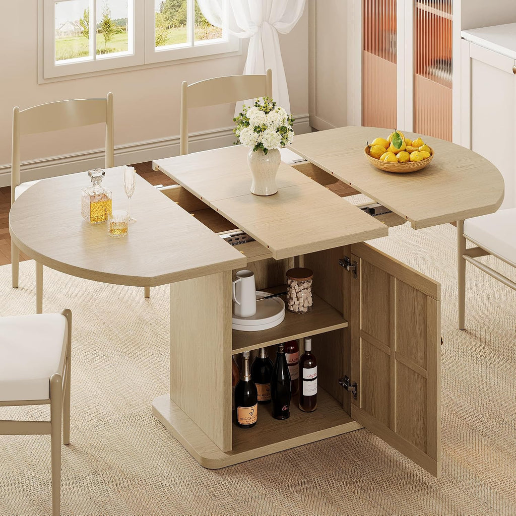 iPormis Round Dining Table for 4-6, 59'' Extendable Dining Room Kitchen Table with 2-Tier Storage Shelf, Wood Dinner Table with Door & Pedestal Base, for Kitchen Living Room, Space Saving, Natural