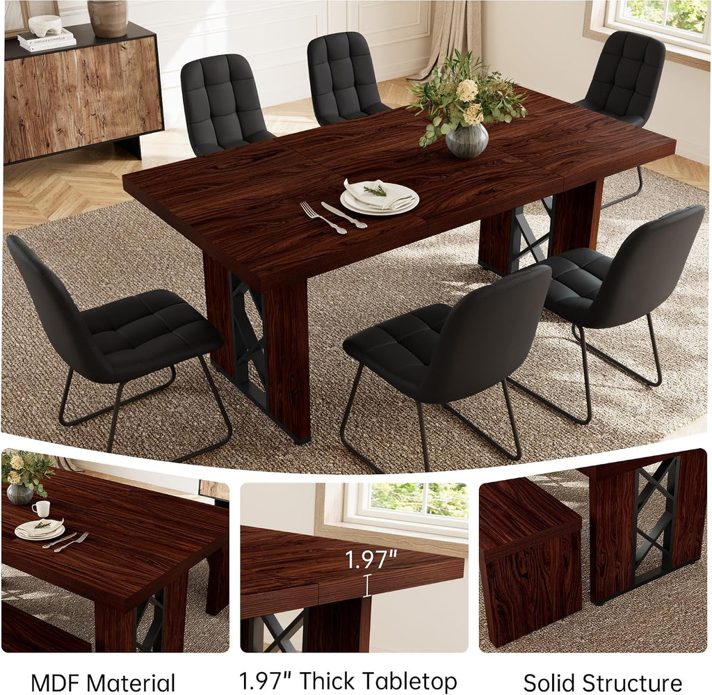 HIPIHOM 7-Piece Dining Table Set for 6 People, 70.8' MDF Kitchen Table with 6 Upholstered Chairs, Space-Saving for Dining Room, Breakfast Nook(Walnut Table+6 U-Shaped Black Chairs)
