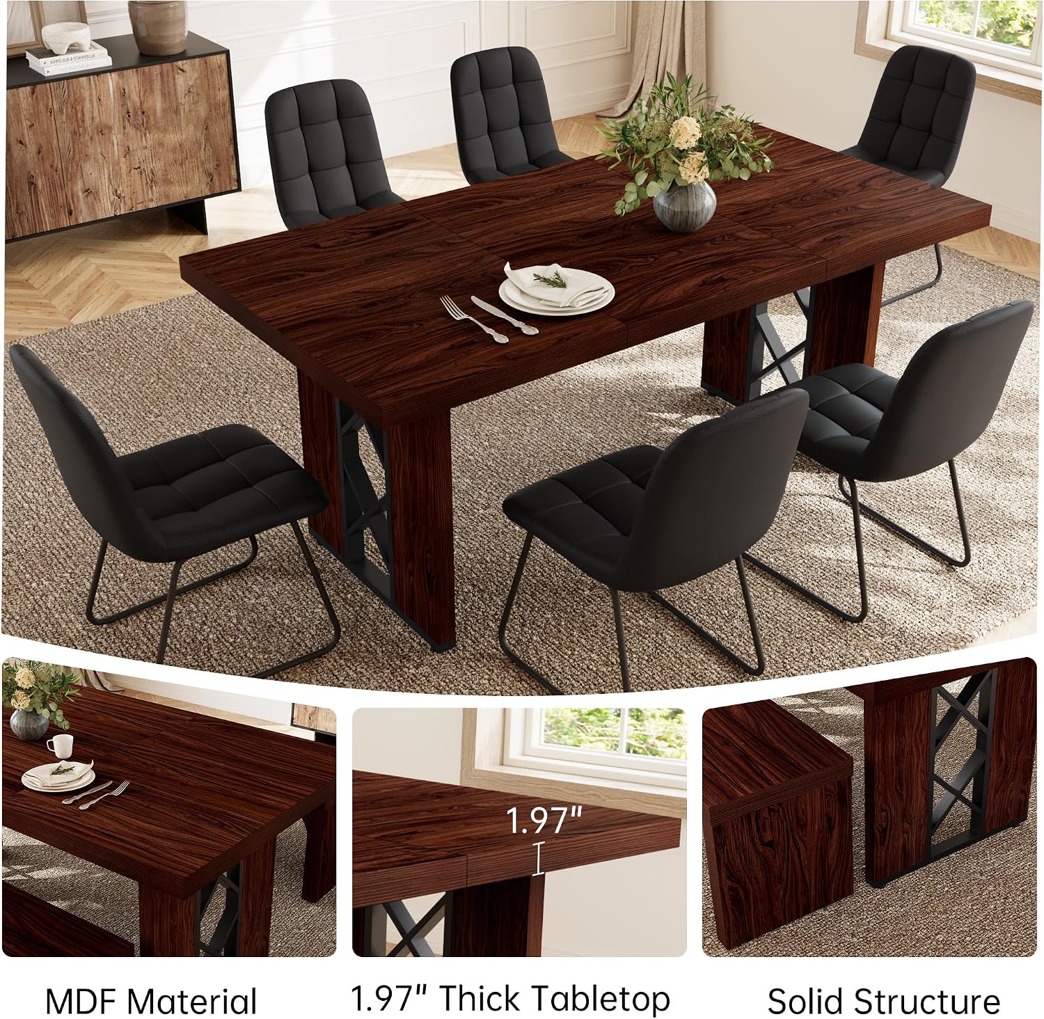 HIPIHOM 7-Piece Dining Table Set for 6 People, 70.8' MDF Kitchen Table with 6 Upholstered Chairs, Space-Saving for Dining Room, Breakfast Nook(Walnut Table+6 U-Shaped Black Chairs)