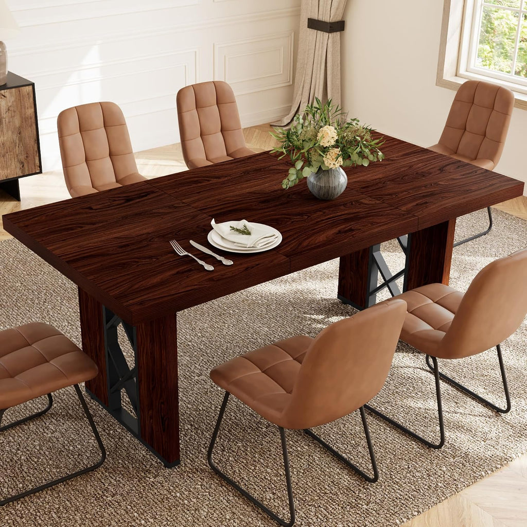 HIPIHOM 7-Piece Dining Table Set for 6 People, 70.8' MDF Kitchen Table with 6 Upholstered Chairs, Space-Saving for Dining Room, Breakfast Nook(Walnut Table+6 Brown Chairs)