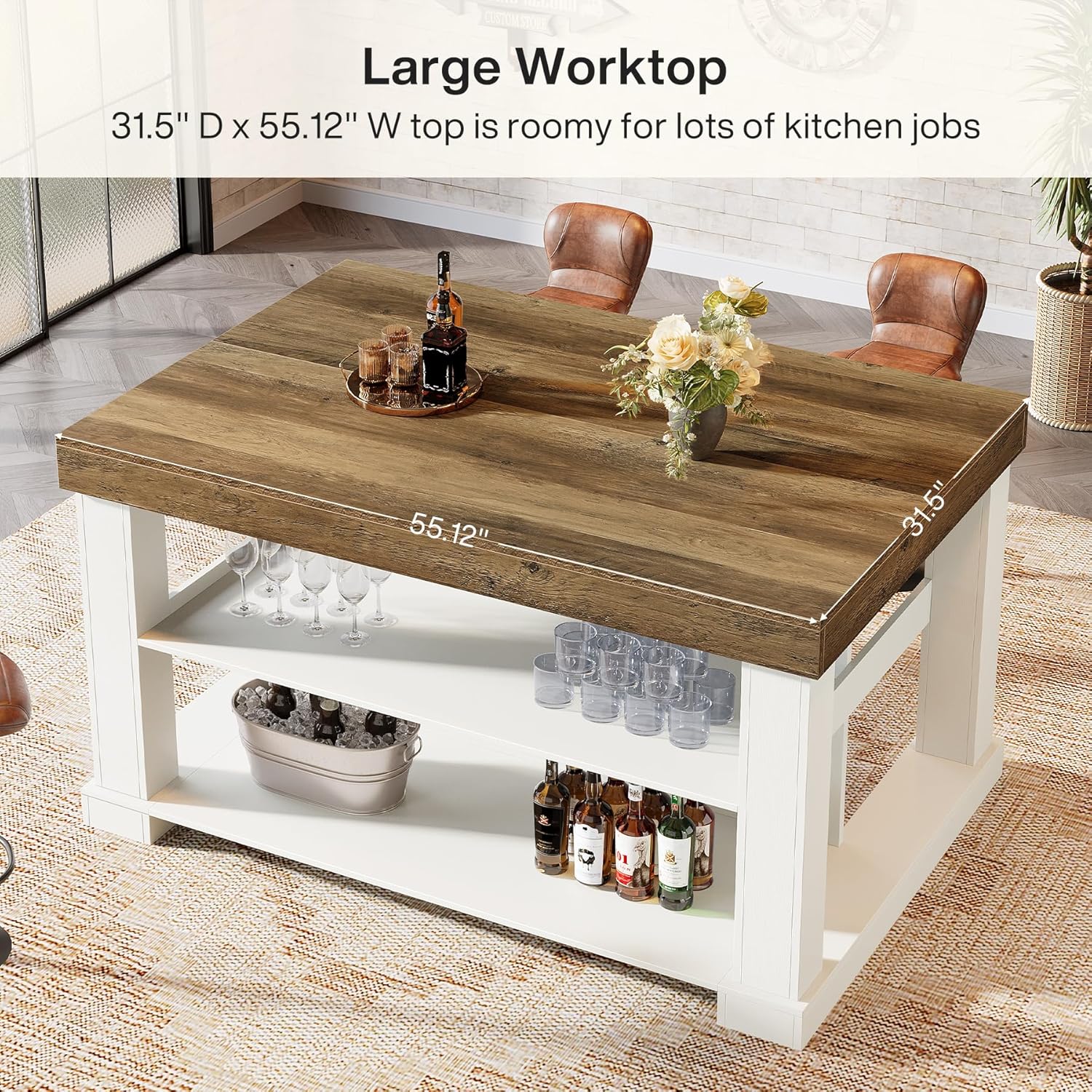 Tribesigns 55' Kitchen Island with Seating and Storage, 3-Tier Farmhouse Wood Stationary Island Table with Large Worktop & Leg Room, Coffee Bar Table with Storage Shelves for Kitchen, White and Brown