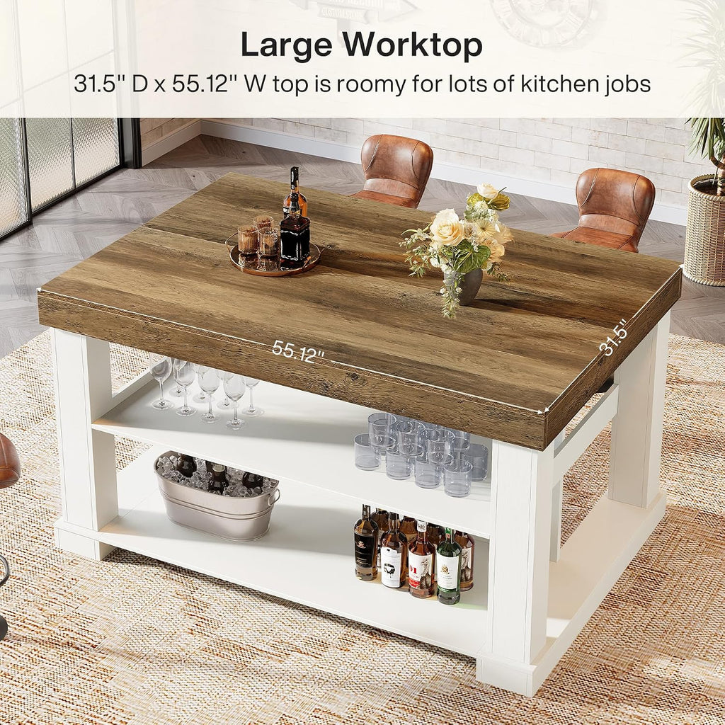 Tribesigns 55' Kitchen Island with Seating and Storage, 3-Tier Farmhouse Wood Stationary Island Table with Large Worktop & Leg Room, Coffee Bar with Storage Shelf for Kitchen, White and Brown (2PC)