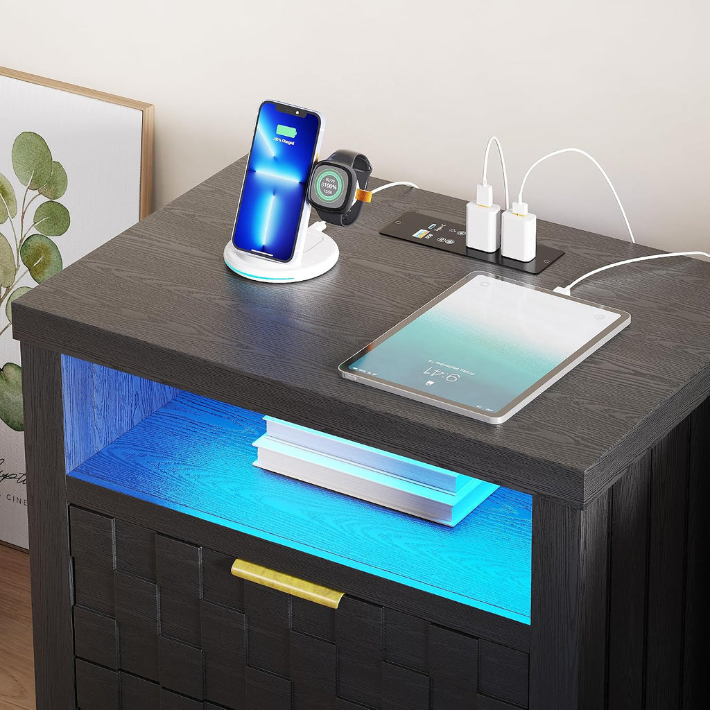 Dystler Nightstand with Charging Station, 25.6' Wide Bedside Table with 2 Drawers, Smart Side Table with 3-Color LED Lights and Adjustable Lighting for Bedroom, Black