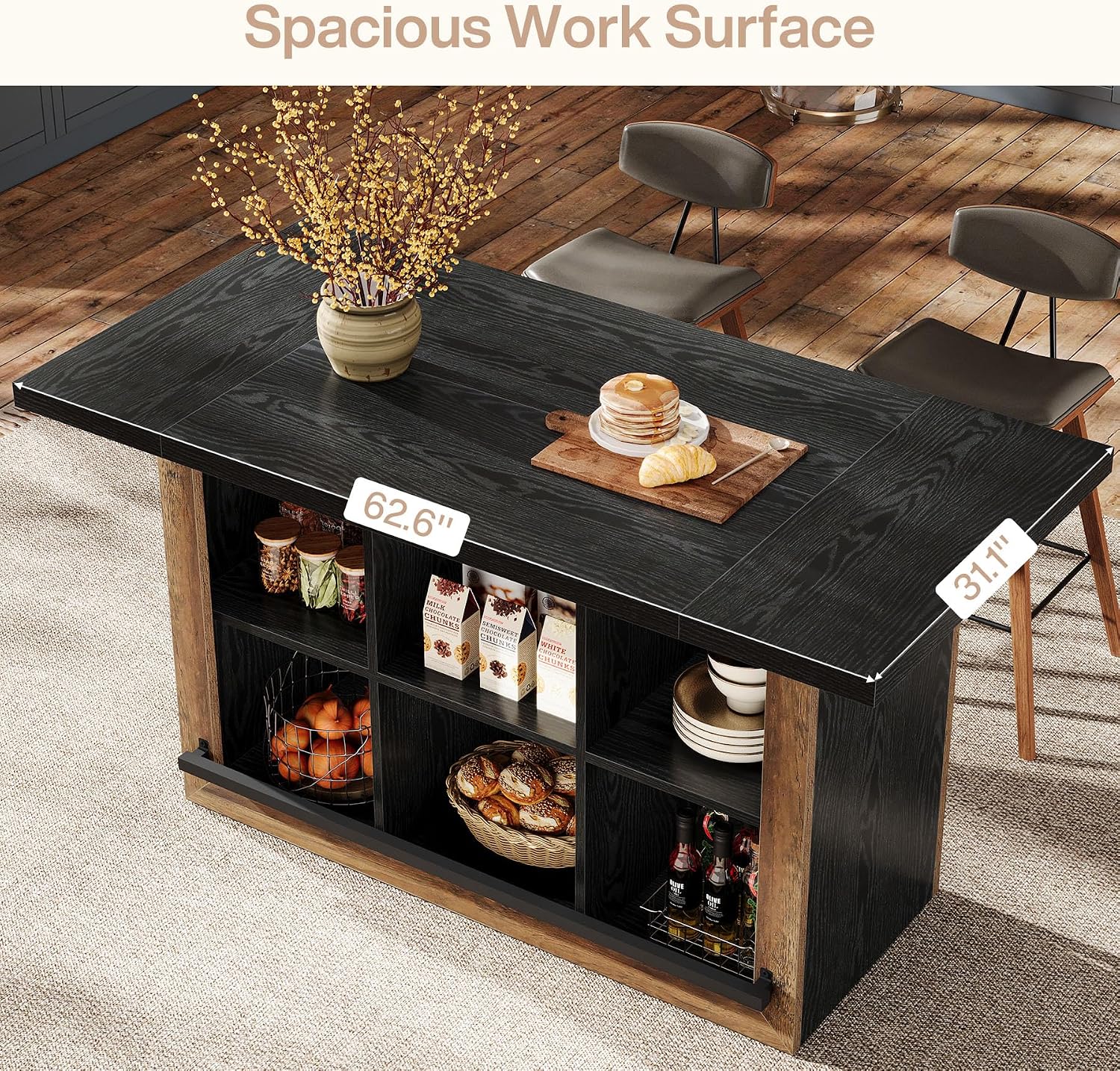 Tribesigns Kitchen Island with Storage, Counter Height Kitchen Island Table with 6 Open Cubbies and Footrests, Coffee Bar Table for Dining Room, Black&Brown