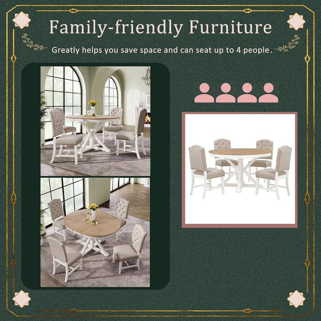 Bellemave Extendable Dining Table Set, 5-Piece Round Table Set with 4 Upholstered Chairs, Oval Kitchen Table Set with Extendable Table (Oak Natural Wood + Off White + Beige Cushions)