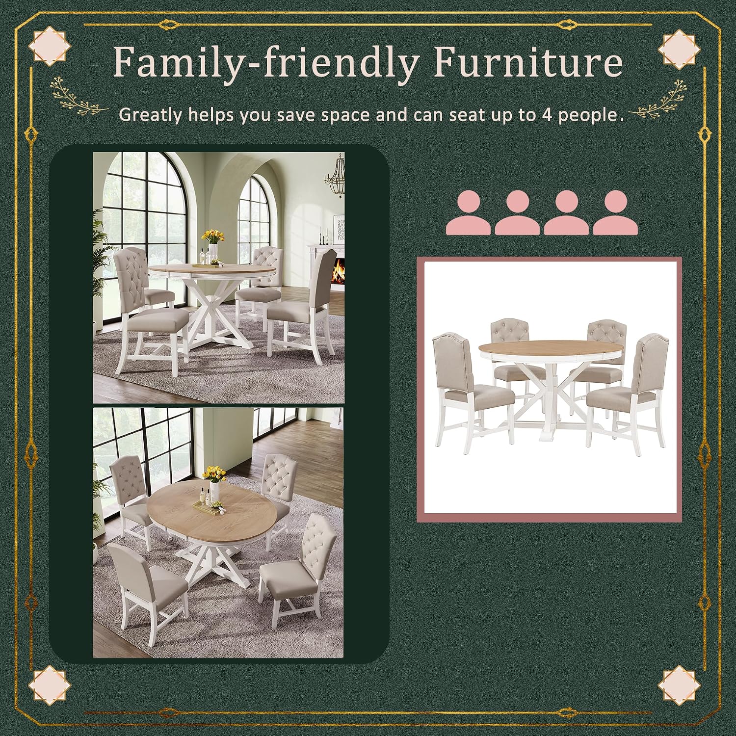 Bellemave Extendable Dining Table Set, 5-Piece Round Table Set with 4 Upholstered Chairs, Oval Kitchen Table Set with Extendable Table (Oak Natural Wood + Off White + Beige Cushions)