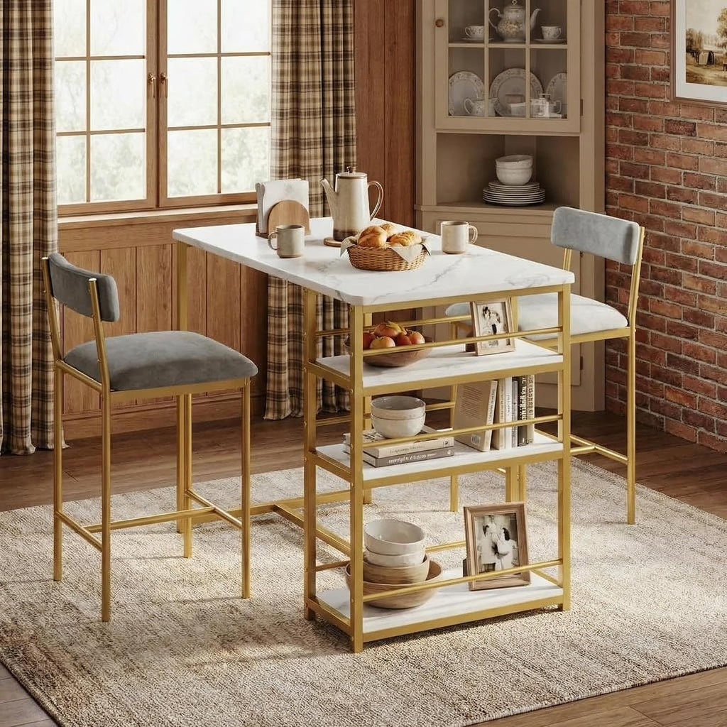 GarveeHome Dining Table Set for 2, Counter Height Kitchen Table with 2 Upholstered Bar Stools, Dining Table and Chairs Set with Storage Shelves, for Small Space, Apartment, Gold-Gray-White