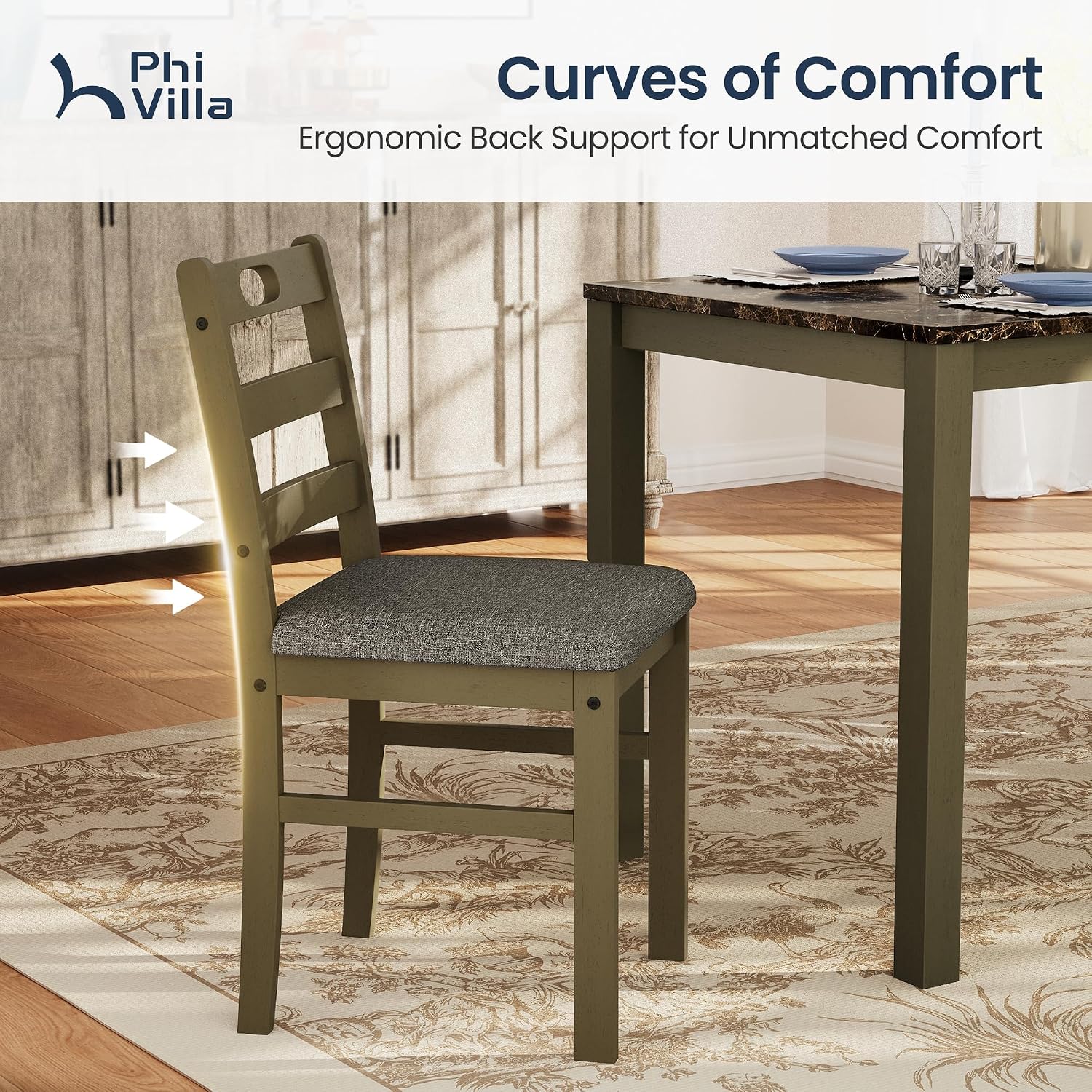 PHI VILLA Solid Wood Dining Table Set for 4, Marble Design Kitchen Table Chairs Set of 4, 5 Piece Space-Saving Dining Room Table Set for Apartment, Emperador Dark Marble& Olive
