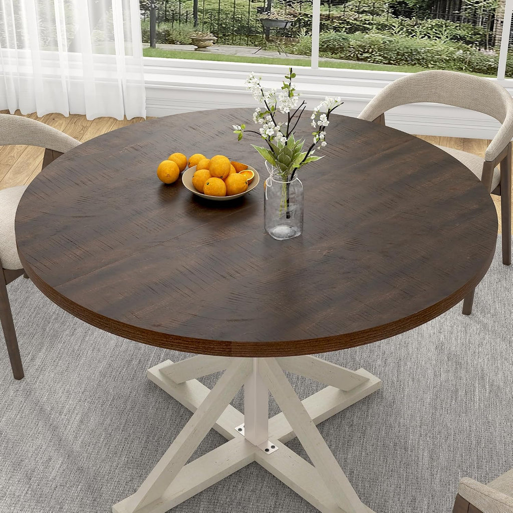 jiteentarou Round Wood Dining Table for Kitchen,Dining Room,Living Room,Farmhouse Dinner Tables W/Thickened Brown Waterproof Tabletop for 4 People,47 inch Rustic Kitchen Table W/Metal Support