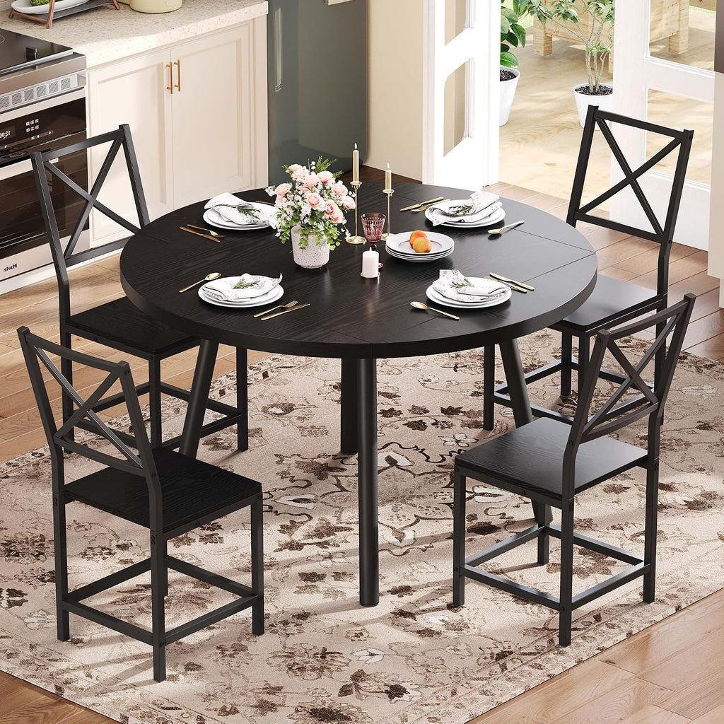 IRONCK Dining Table Set for 4, Round Kitchen Table and 4 Stool Chair for Dining Room, 44.5inch Drop Leaf Desk, Small Space Saving, Black