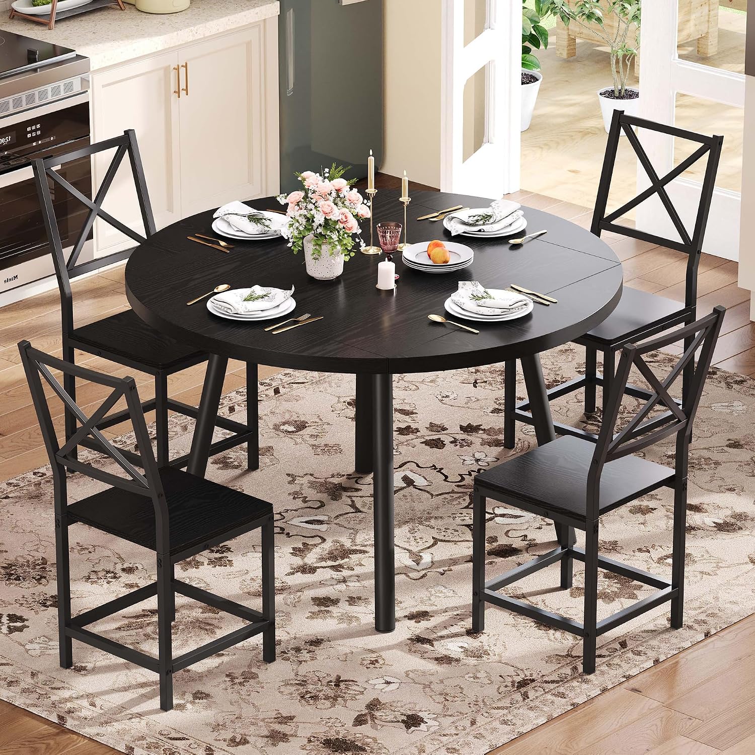 IRONCK Dining Table Set for 4, Round Kitchen Table and 4 Stool Chair for Dining Room, 44.5inch Drop Leaf Desk, Small Space Saving, Black