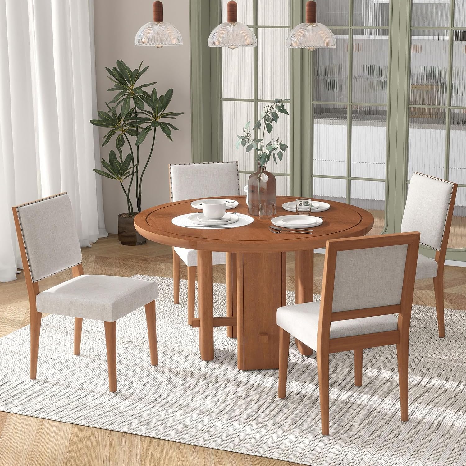 Merax 5-Piece Round Dining Table Set for 4, Minimalist Farmhouse Dining Table with 4 Upholstered Chairs, Kitchen & Dining Room Sets, Beige+Brown