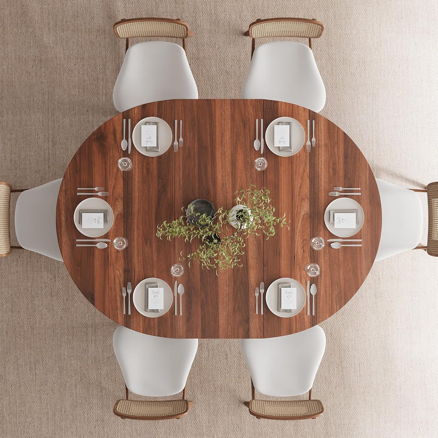 Feonase 59' Round Extendable Dining Room Table for 4-6, Modern Oval Kitchen Table with Heavy Duty Wood Base, Metal Frame Support, for Dining Kitchen Living Room, Easy Assembly, Noise-Free, Walnut