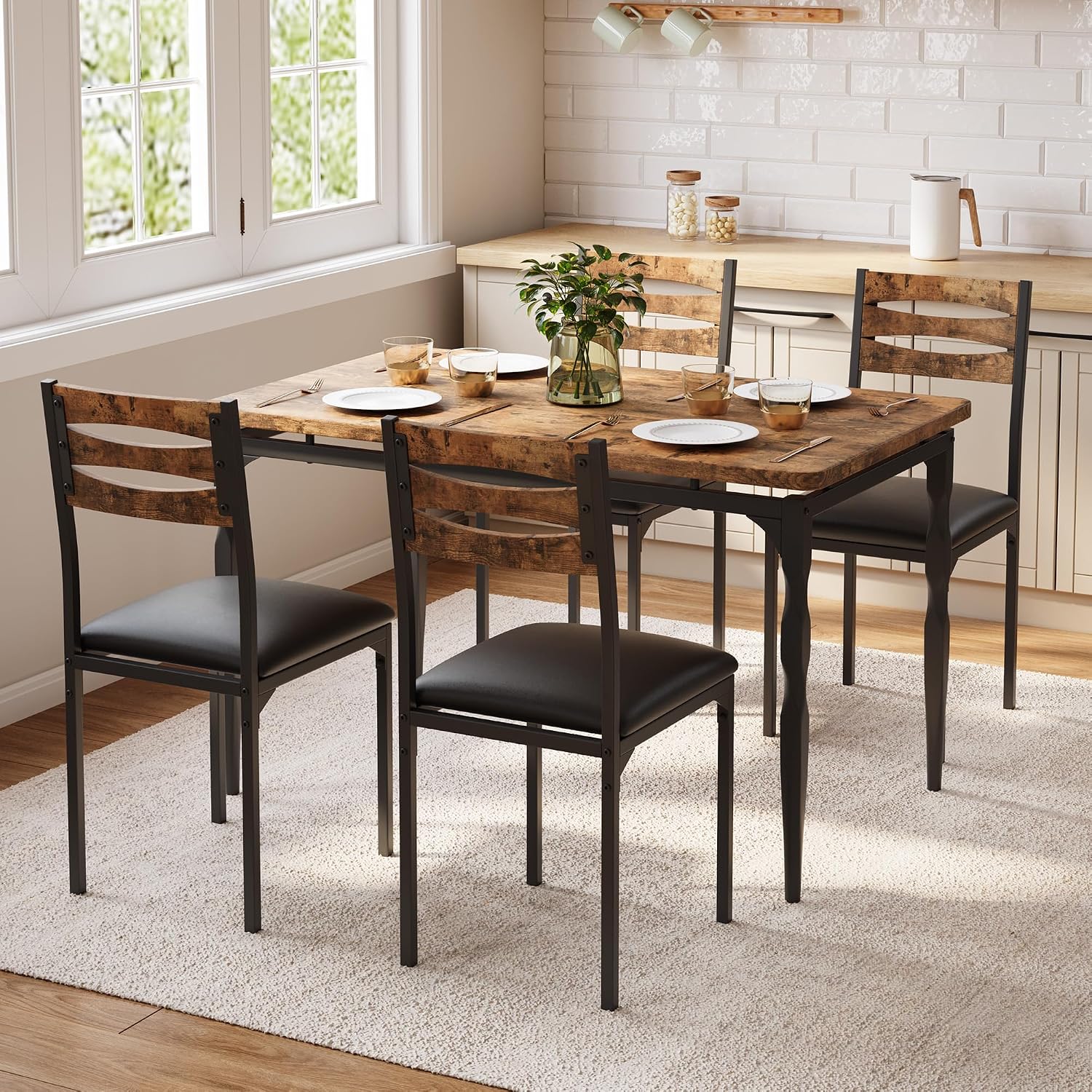 Garvee 5 Piecs Dining Table Set, Farmhouse Style Dining Table and Chairs Set for 4, Dining Set for Dining Room Kitchen Apartment, Brown