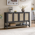 SICOTAS 55' Obsidian Sideboard Buffet Cabinet with Rattan Doors, Modern Industrial Coffee Bar Cabinet with Open Shelf, Black Wood Credenza & Console Table for Entryway, Kitchen, Dining Room
