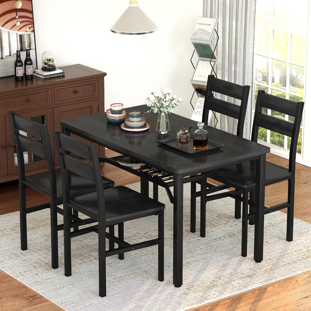 Hooseng Dining Table Set for 4, Wood Kitchen Table Chairs Set with Storage, Farmhouse 5 Piece Dining Room Table Set, Space-Saving Dinette Set for Breakfast Nook, Apartment (Black)