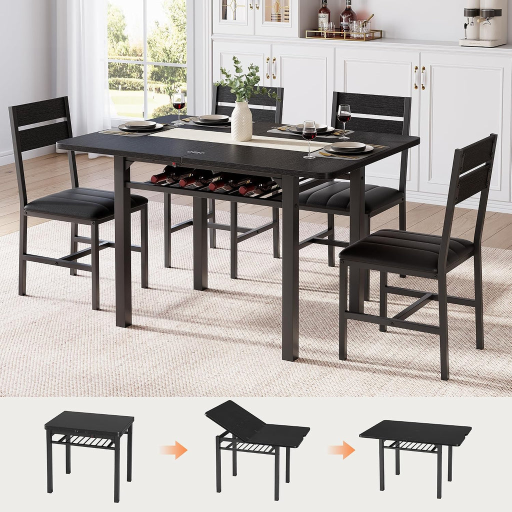MapleGrace Dining Table Set for 4, Extendable Kitchen Table with 4 PU Leather Upholstered Dining Room Chairs, Wood Kitchen Table Set with Built-in Storage Rack for Dining & Small Spaces, Black